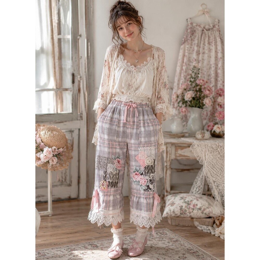 Whimsical Cottage Rose Bloomers Romantic Lace Trim Plaid Pants | Upcycled Boho